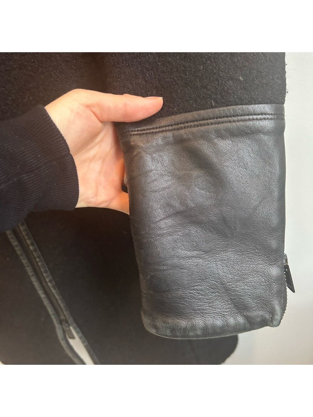 Women's Black Leather Sleeve Coat - Picture 4 of 7